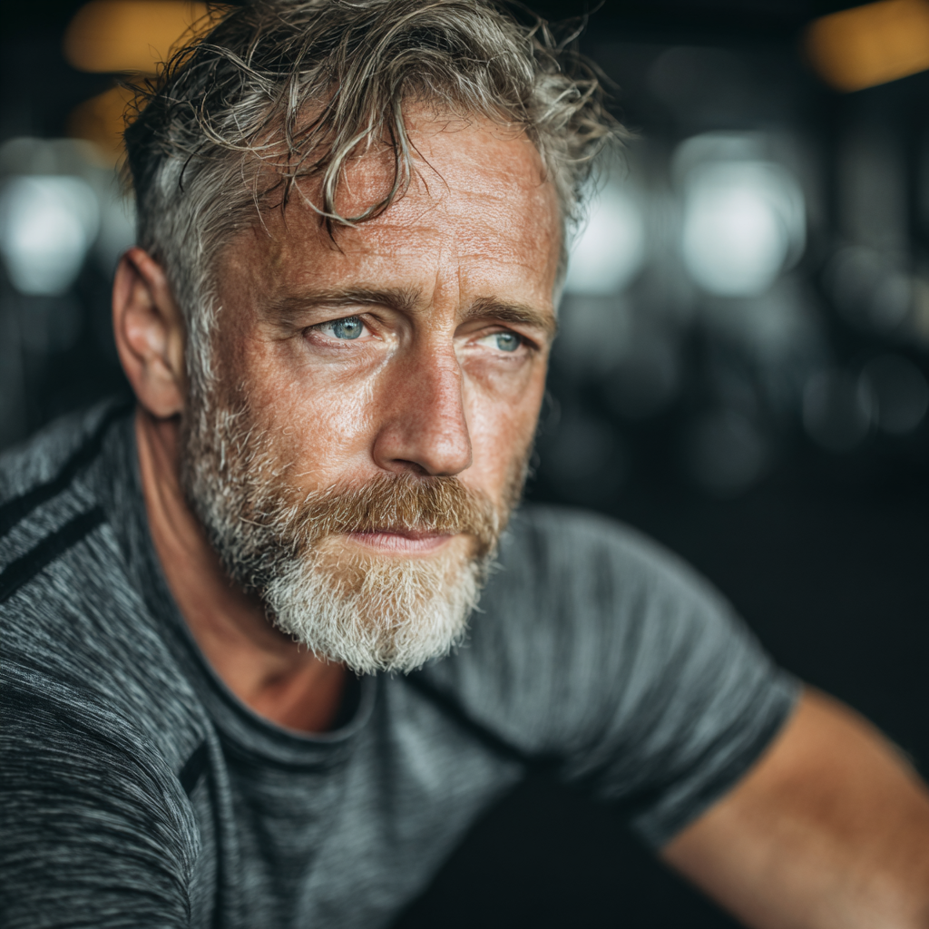 A fit man in his early 50s doing stretching exercises in a gym environment, silver hair, wearing comfortable workout clothes, calm and focused